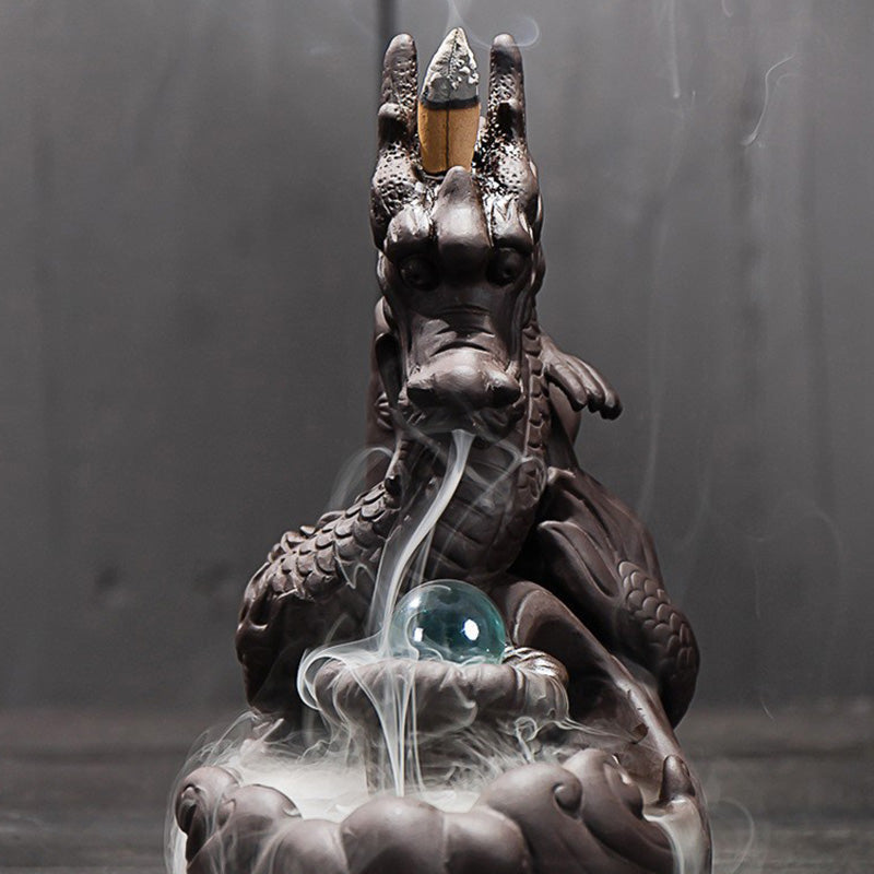 Dragon Incense Burner - Frontal view dragon holding sphere with cascading smoke, Peace