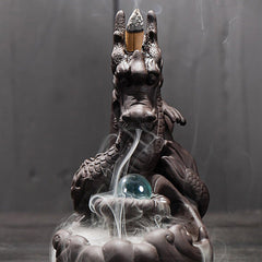 Dragon Incense Burner - Frontal view dragon holding sphere with cascading smoke, Peace