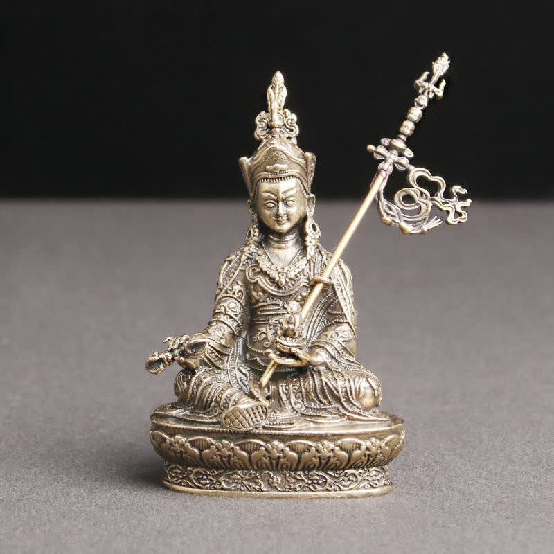 Padmasambhava Buddha Copper Statue – front view ornate copper Guru Rinpoche on lotus throne, Tibetan Buddhist decor
