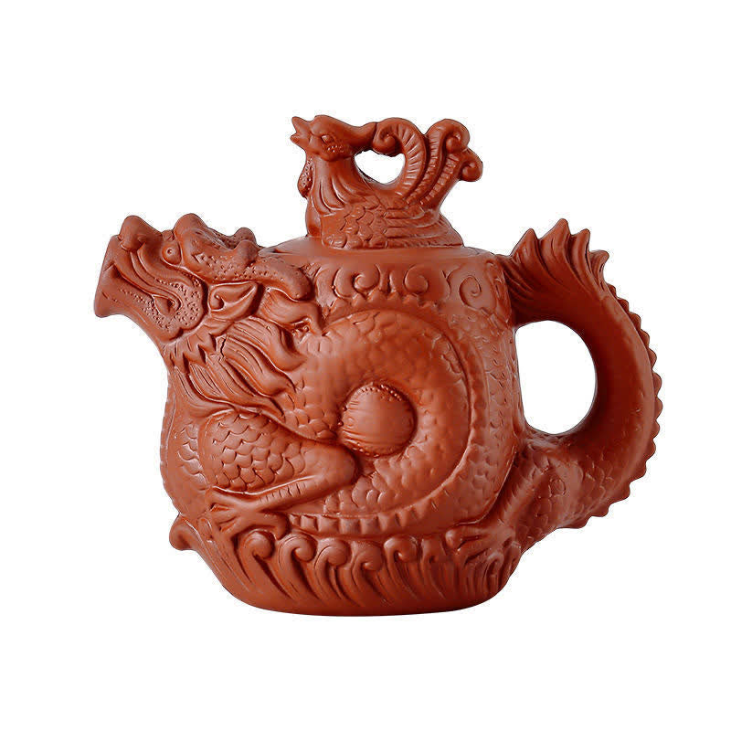 Vintage Dragon Phoenix Purple Clay Teapot – terracotta dragon phoenix teapot on white background, clean e-commerce product...