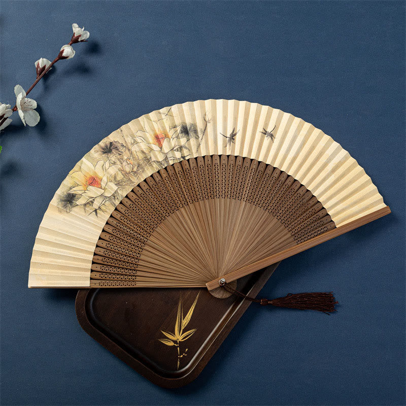 Lotus Dragonfly Wild Geese Silk Bamboo Folding Fan - lotus pond with dragonflies on cream paper, carved lattice ribs