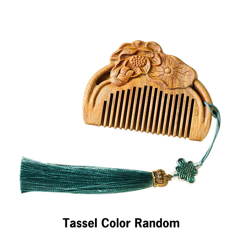 Green Sandalwood Lotus Leaf Engraved Soothing Comb, image 3