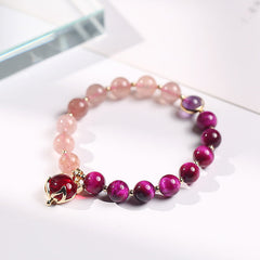 Natural Strawberry Quartz Love Bracelet – pink quartz magenta beads red fox charm white background