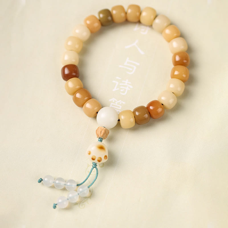 Natural Bodhi Seed Om Mani Padme Hum Wisdom Bracelet - Cat paw print and blue tassel