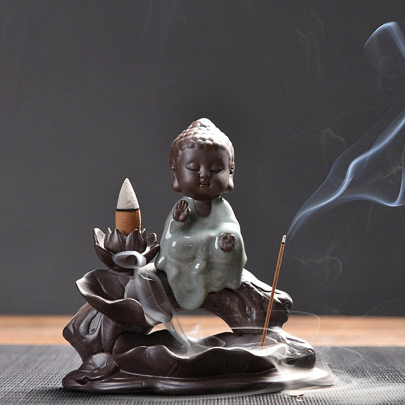 Little Monk Ceramic Incense Burner - Serene monk in meditation pose, backflow and stick incense, ceramic lotus base