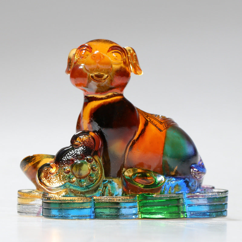 12 Zodiac Liuli Dragon Art Piece – Seated zodiac dog holding ruyi scepter, colorful fortune decor