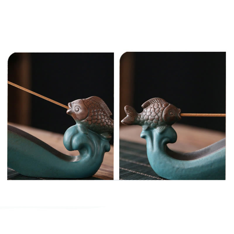 Double Koi Fish Mountain Incense Burner - dual-angle view of teal koi holder, fish scale detail