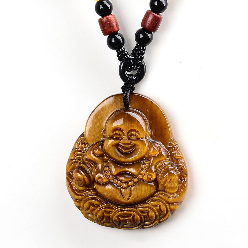 Natural Stone Buddha Success Bracelet – centered front closeup of happy Buddha tiger eye pendant, white background, clarity a