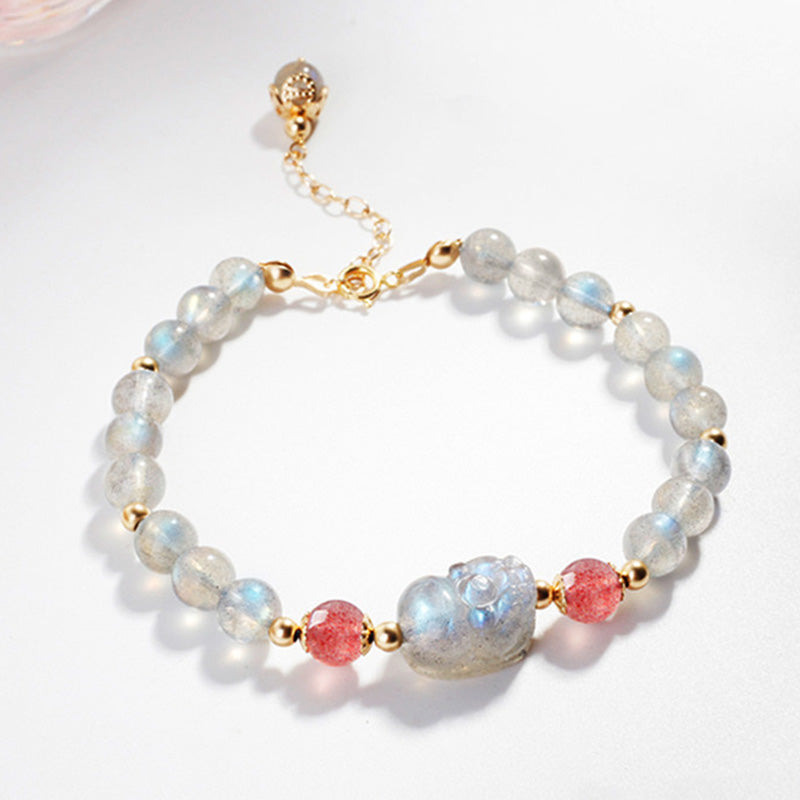 Moonstone PiXiu Bracelet – Labradorite moonstone beads with strawberry quartz and gold chain, love jewelry