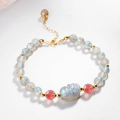 Moonstone PiXiu Bracelet – Labradorite moonstone beads with strawberry quartz and gold chain, love jewelry