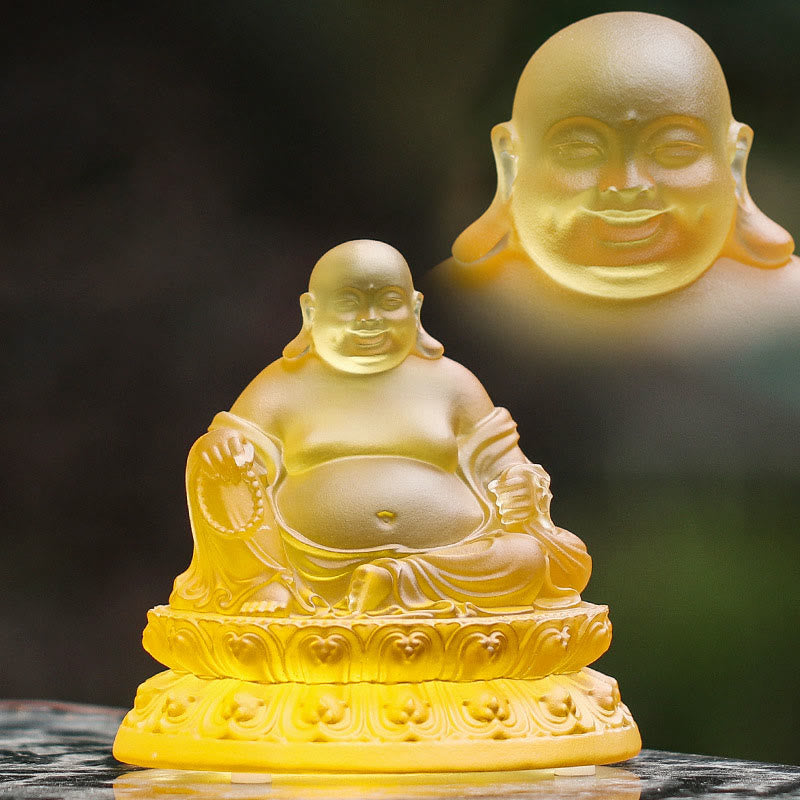 Liuli Crystal Laughing Buddha Figurine – Vibrant amber liuli body with golden accents, wealth home decor gift