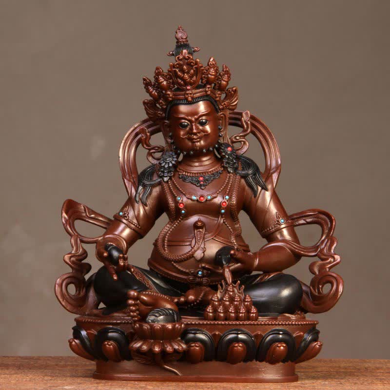 Yellow Jambhala Bodhisattva Copper Statue Home Office Decor – front view on lotus, wealth deity copper art