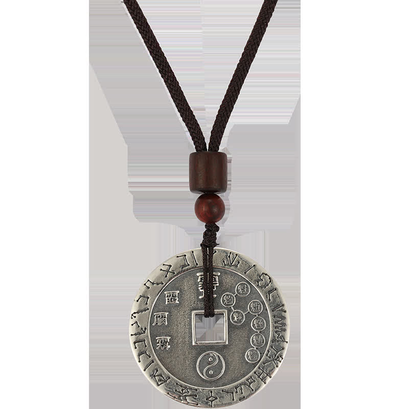 Bagua Yin Yang Obsidian Necklace - Taoist coin amulet with seals and symbols, white backdrop