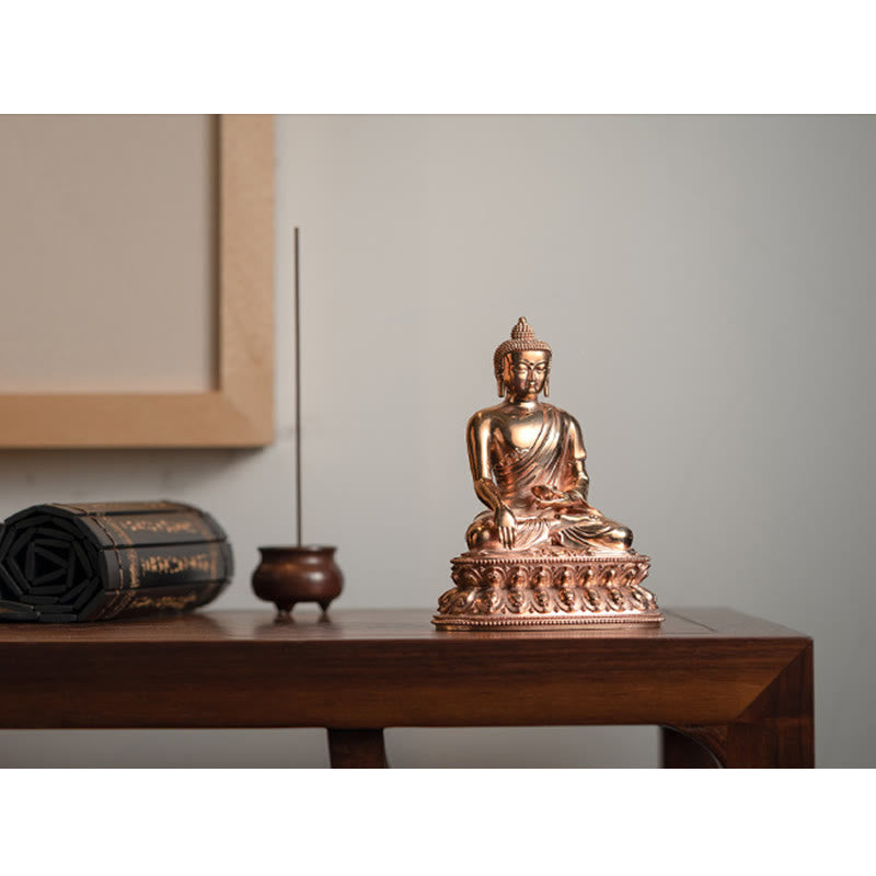 Shakyamuni Copper Statue – beside Tibetan singing bowl and mala, complete meditation corner setup