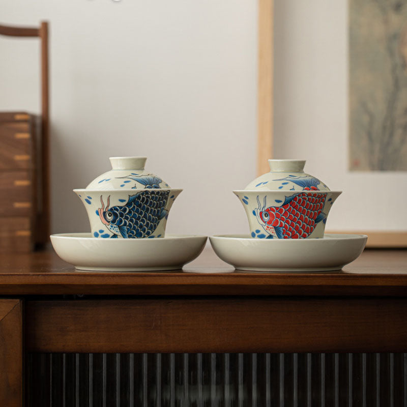 Koi Fish Gaiwan – lid and cup separated on tea table, gongfu tea ceremony
