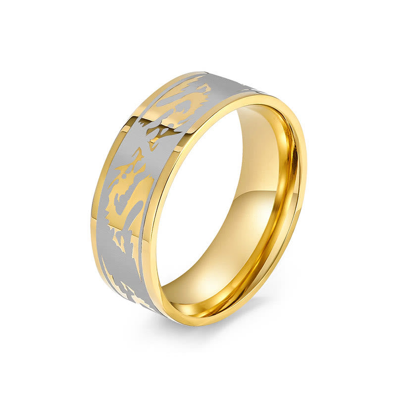 Dragon Titanium Steel Ring – Gold band with laser-etched dragon on silver inlay, Bold