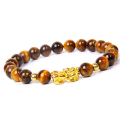 FengShui Obsidian Red Agate Tiger Eye PiXiu Wealth Bracelet – tiger eye stone beads with gold pi xiu charm, protection bracelet