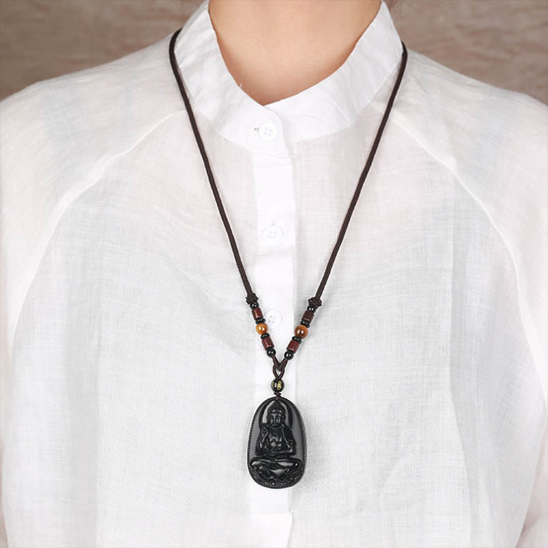 Chinese Zodiac Buddha Black Obsidian Necklace – model wearing obsidian pendant on white collared shirt, lifestyle fit showing necklace length and scale, daily wear