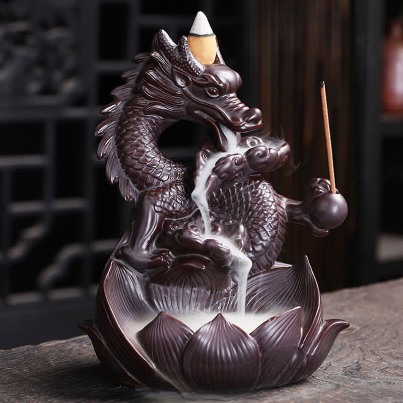 Dragon Lotus Ceramic Incense Burner – Dragon with open mouth releasing white smoke waterfall into lotus basin, Serene