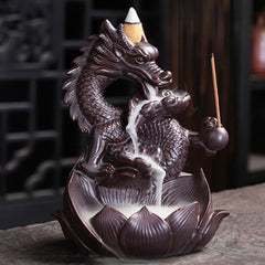 Dragon Lotus Ceramic Incense Burner – Dragon with open mouth releasing white smoke waterfall into lotus basin, Serene
