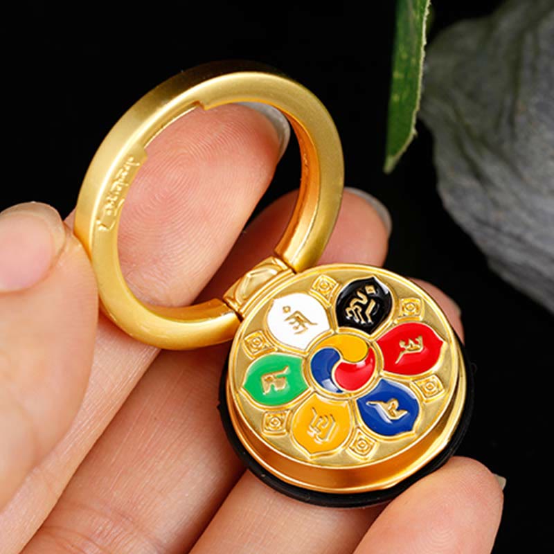 Om Mani Padme Hum Phone Ring Holder – Gold prayer wheel keychain with six-color enamel in hand, Buddhist charm