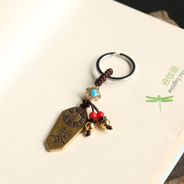 Feng Shui Bagua & Yin Yang Copper Keychain - Brass charm with peace engraving and red beads, yin yang amulet
