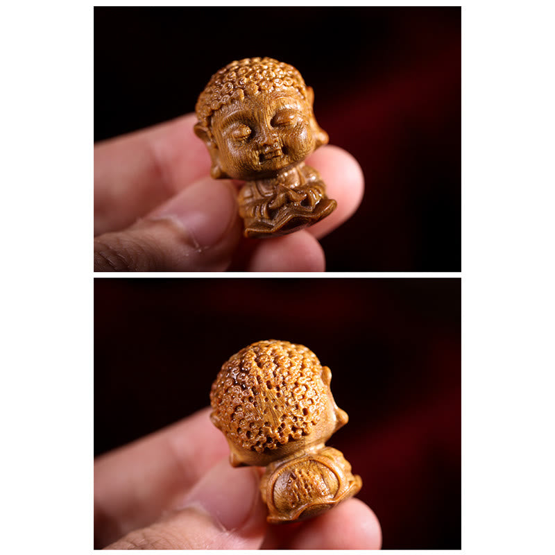 Chinese Zodiac Green Sandalwood Buddha – hand-held baby Buddha front and back showing scale, Tiny