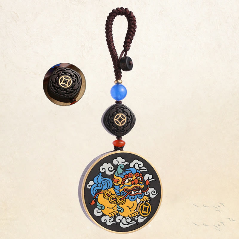 PiXiu Coin Keychain – Full view on white background with ebony bead accent detail