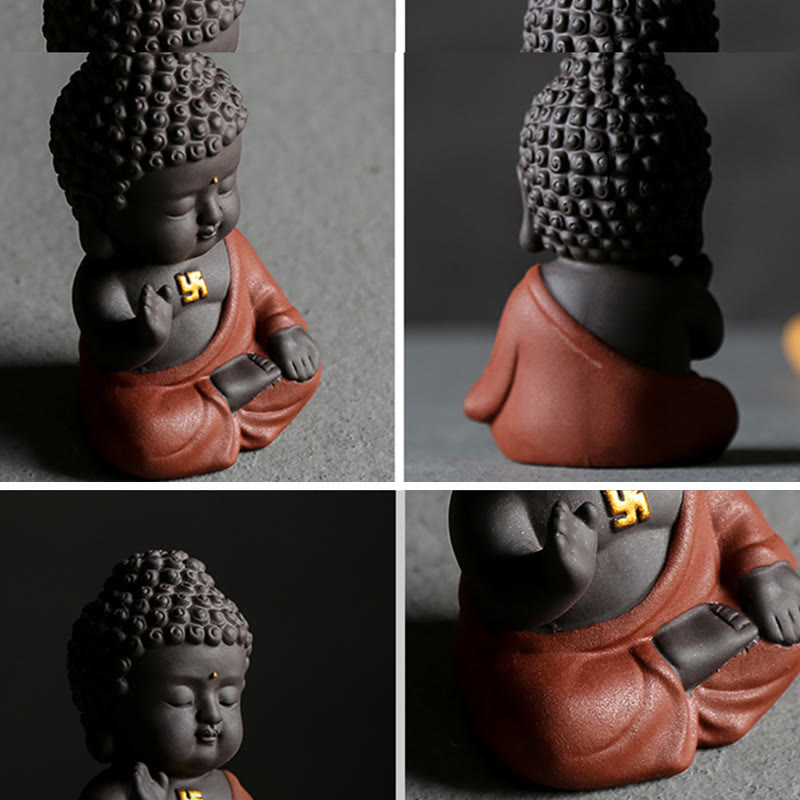 Small Buddha Purple Clay Decoration – four-panel composite showing front, rear, portrait and hand detail views, 360 craft sho