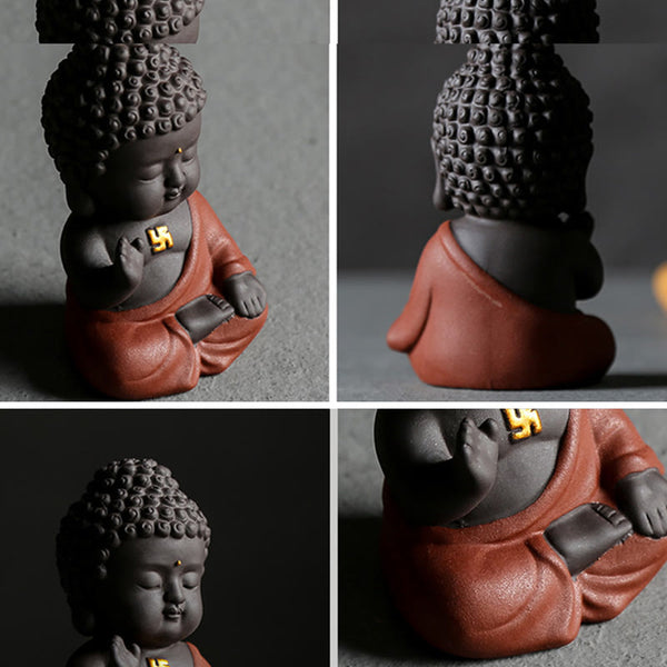 Small Buddha Purple Clay Decoration – four-panel composite showing front, rear, portrait and hand detail views, 360 craft sho