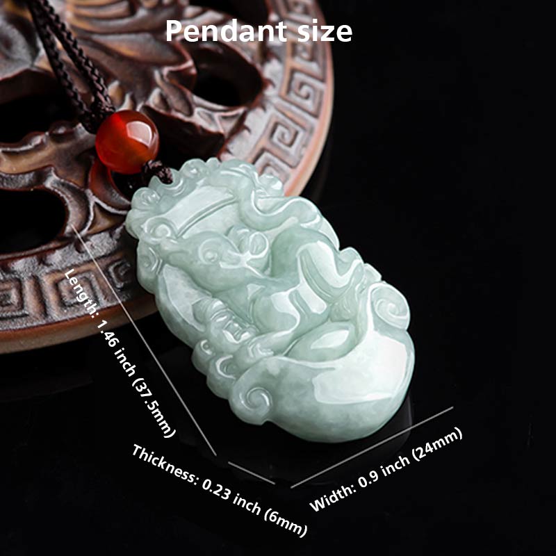 Natural Jade Chinese Zodiac Pendant – Pixiu carving with size annotations, wealth