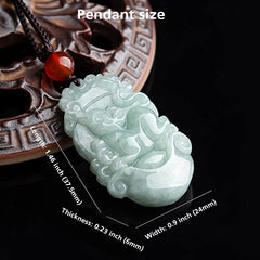 Natural Jade Chinese Zodiac Pendant – Pixiu carving with size annotations, wealth