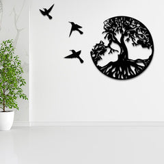 Tree of Life Birds Wall Art - black tree with three birds on white wall beside marble panel and potted tree