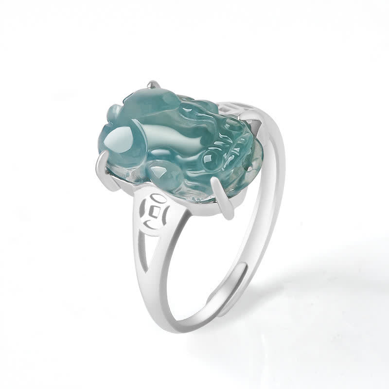 925 Sterling Silver Jade PiXiu Luck Ring – Single ring side view with blue-green jade PiXiu on white
