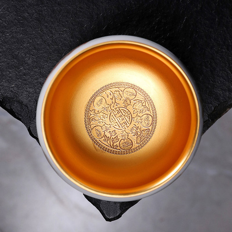 Dragon Gilt Porcelain Teacup - Top-down view of gold interior with Double Happiness medallion, wedding