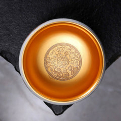 Dragon Gilt Porcelain Teacup - Top-down view of gold interior with Double Happiness medallion, wedding