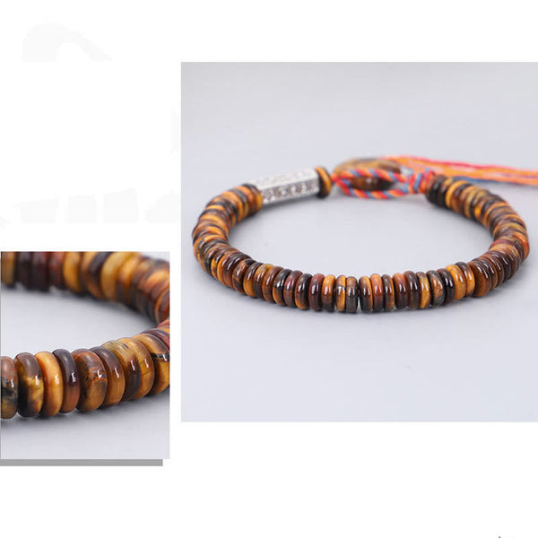 Tiger Eye Om Mani Padme Hum Bracelet - product view with macro bead texture inset