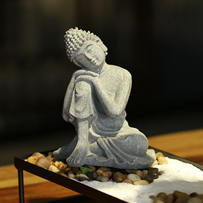 Sitting Meditation Buddha Sandstone Statue – dark bokeh zen garden, lantern, inner peace decor