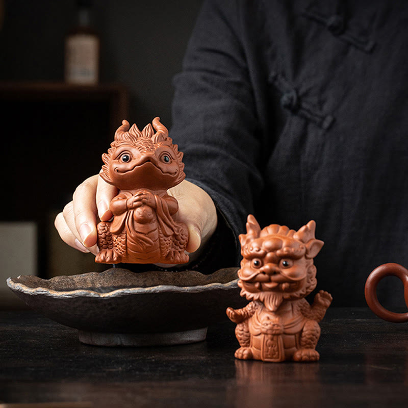 Luck Dragon Purple Clay Tea Pet - guardian duo with luxury gift packaging