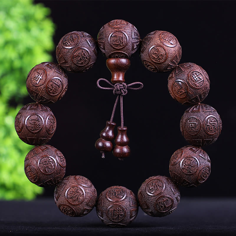 Chinese Zodiac Rosewood Ebony PiXiu Set – dark red buddha blessing words bracelet, sacred carved wooden prayer beads