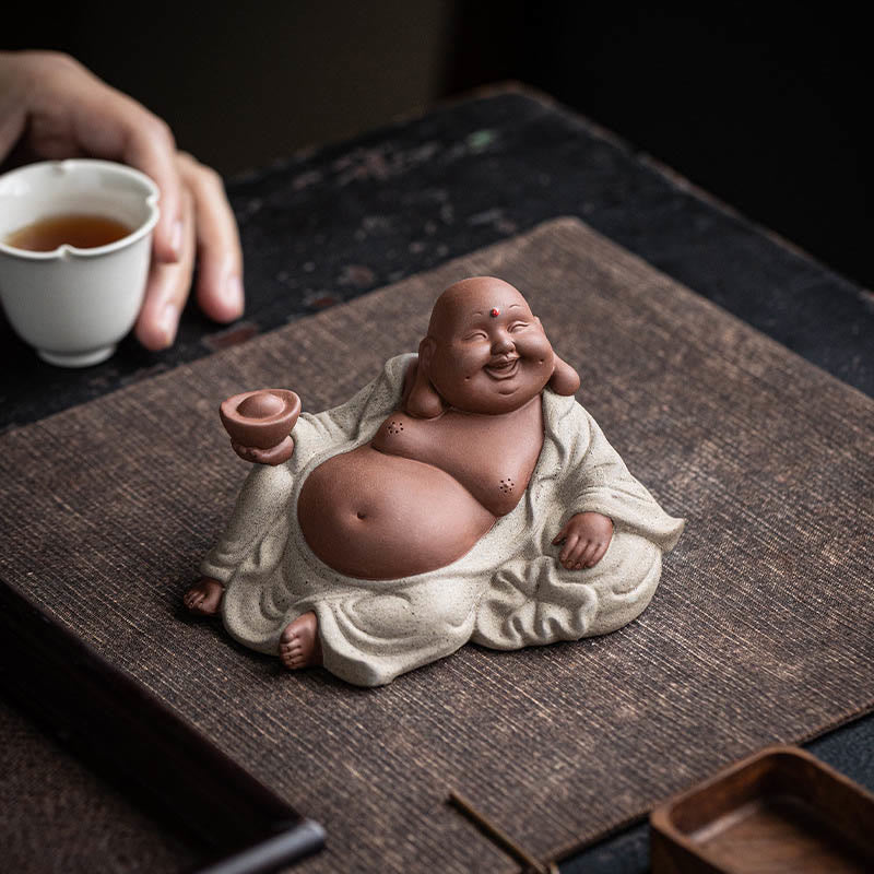 Laughing Buddha Clay Statue – purple clay grain visible on Buddha robe, Yixing style pottery
