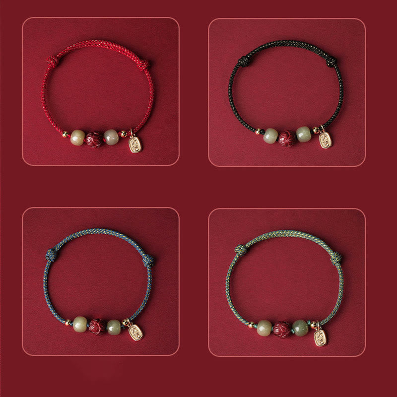 Hetian Jade Cinnabar Lotus Bracelet – Four bracelet variants in grid layout on burgundy, complete color set
