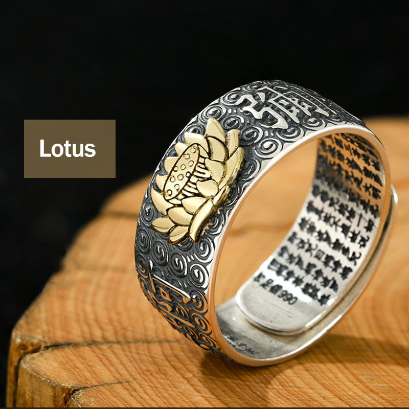Natal Buddha Ring - Gold lotus flower ring on oxidized silver band, Serene