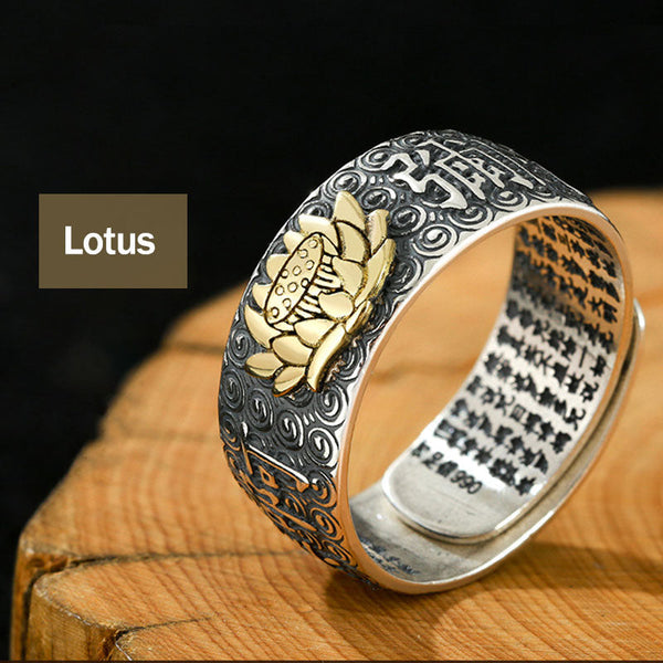 Natal Buddha Ring - Gold lotus flower ring on oxidized silver band, Serene