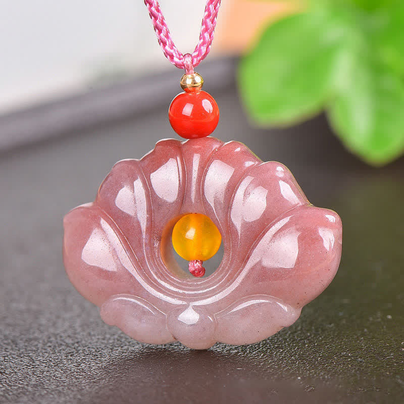 Jade Lotus Pendant – Mauve carved lotus flower with golden amber bead, braided pink cord, spiritual gemstone charm