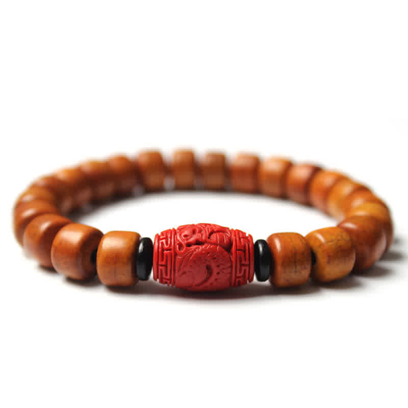 Tibetan Bone Beads Om Mani Padme Hum Bracelet – wood beads with carved cinnabar red dragon focal, Chinese bracelet