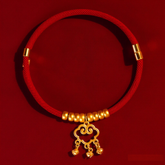 CNY Red Rope Pet Collar – Red braided collar with gold ruyi cloud pendant and three bells, red backdrop