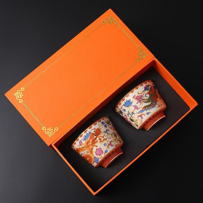 2Pcs Dragon Phoenix Ceramic Teacup Set - Dragon phoenix cups in orange gift box, premium gift