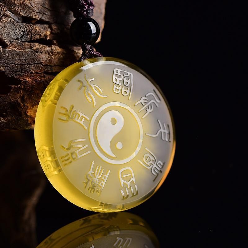 Yellow Crystal Yin-Yang Pendant - Bagua trigrams on citrine disc with cord, Taoist spiritual jewelry amulet