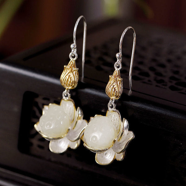 White Jade Lotus Drop Earrings